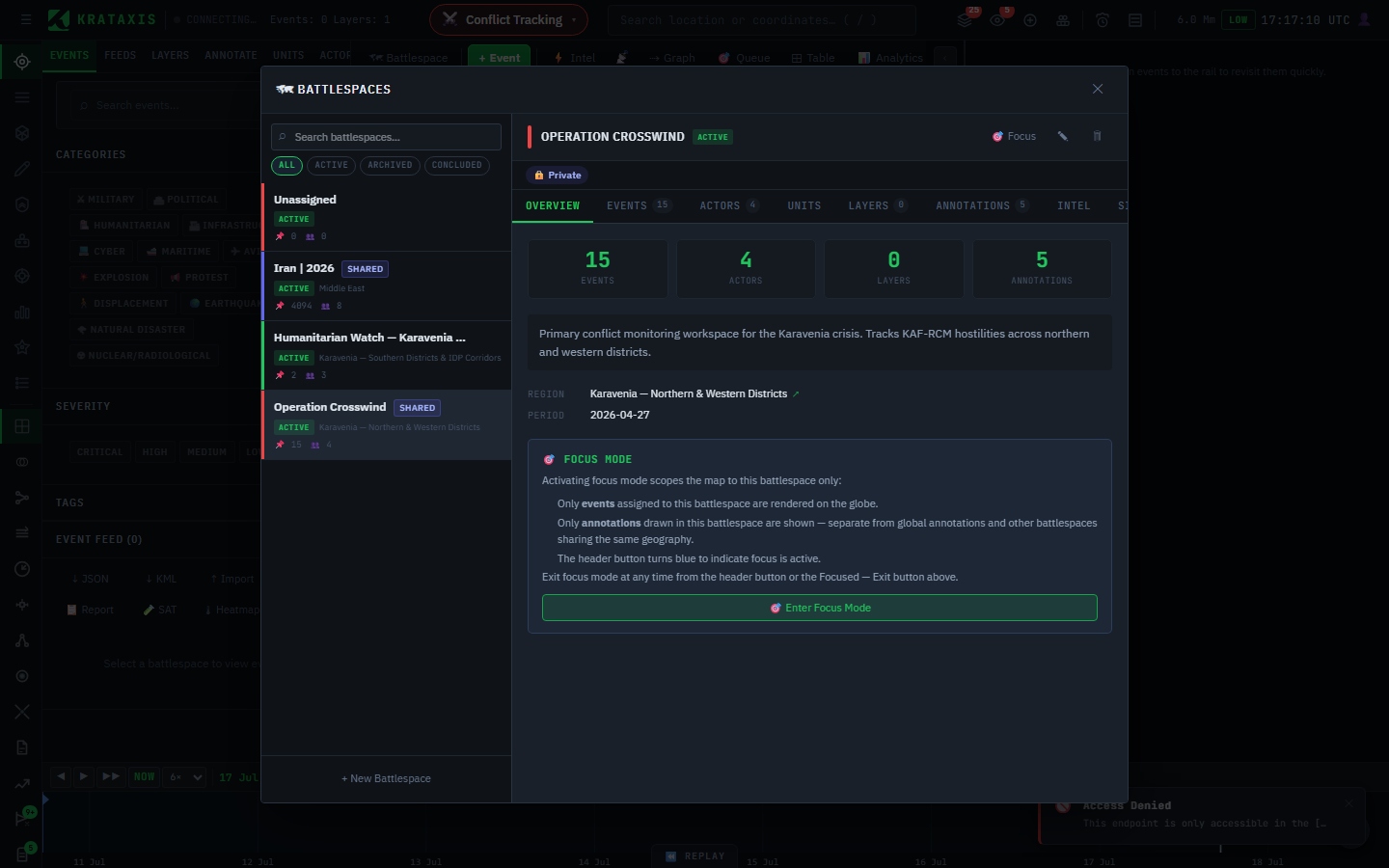A battlespace detail view — headline counts, description, region, and the focus-mode control.