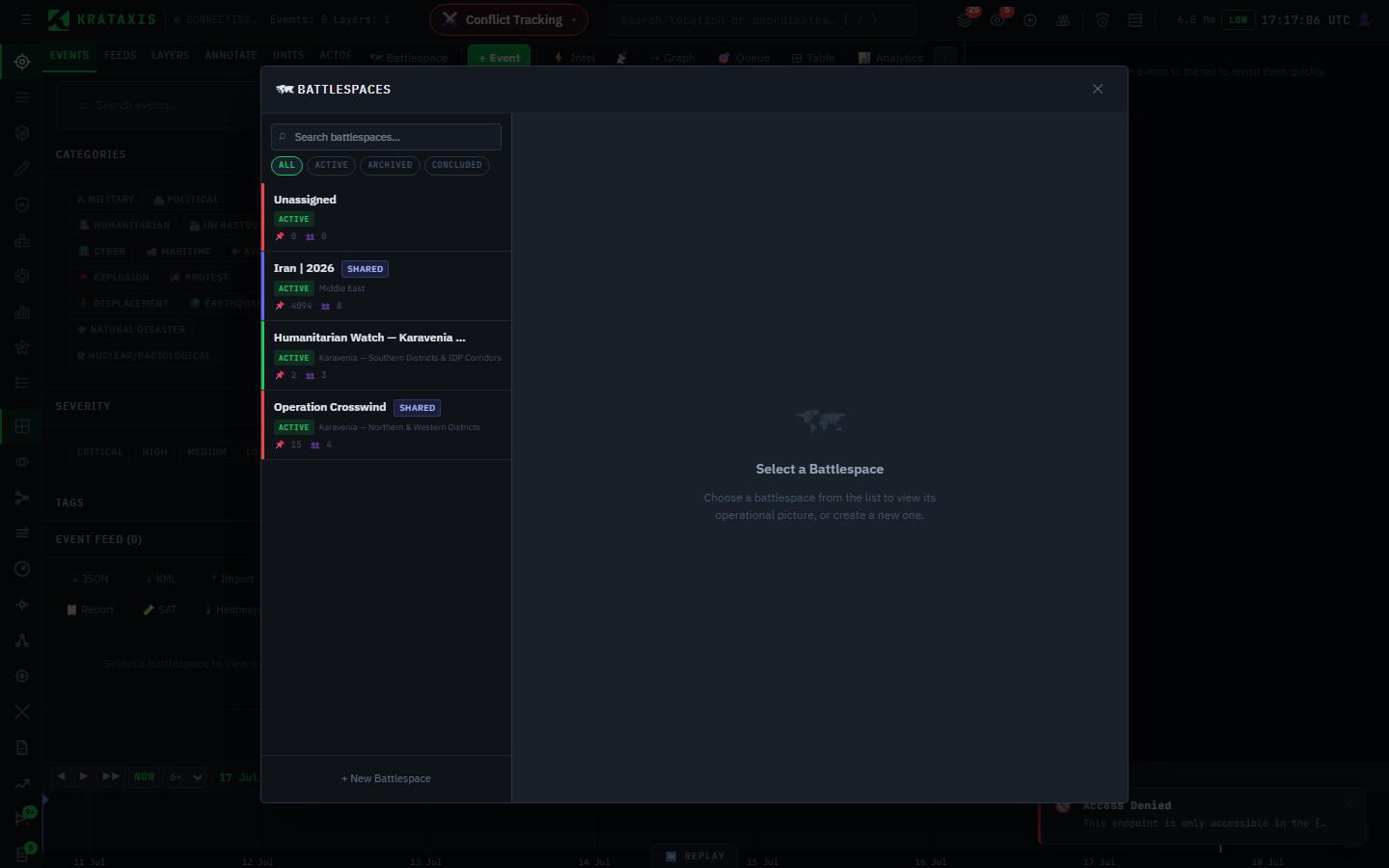The battlespaces manager — your battlespaces listed on the left with status and counts, detail view on the right.