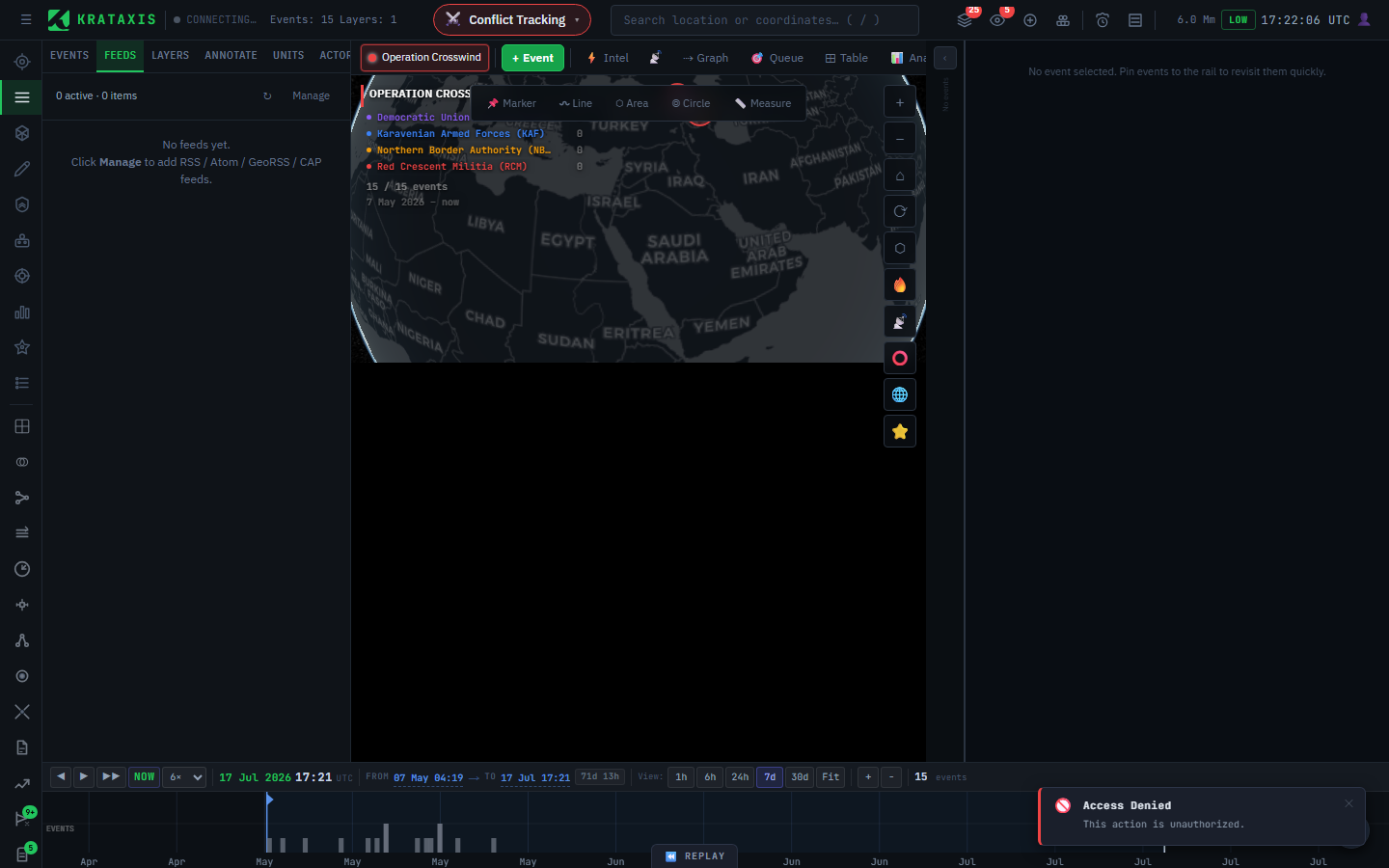 The Feeds tab — empty here; the Manage link opens the Feed Manager where RSS / Atom / GeoRSS / CAP sources are added.