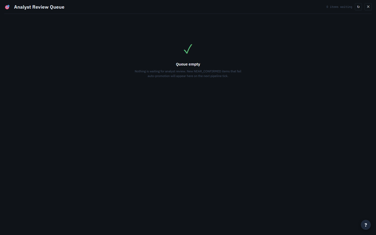 The review queue in its healthy resting state — empty, with everything decided. Items that fail auto-promotion appear here on the next pipeline tick.