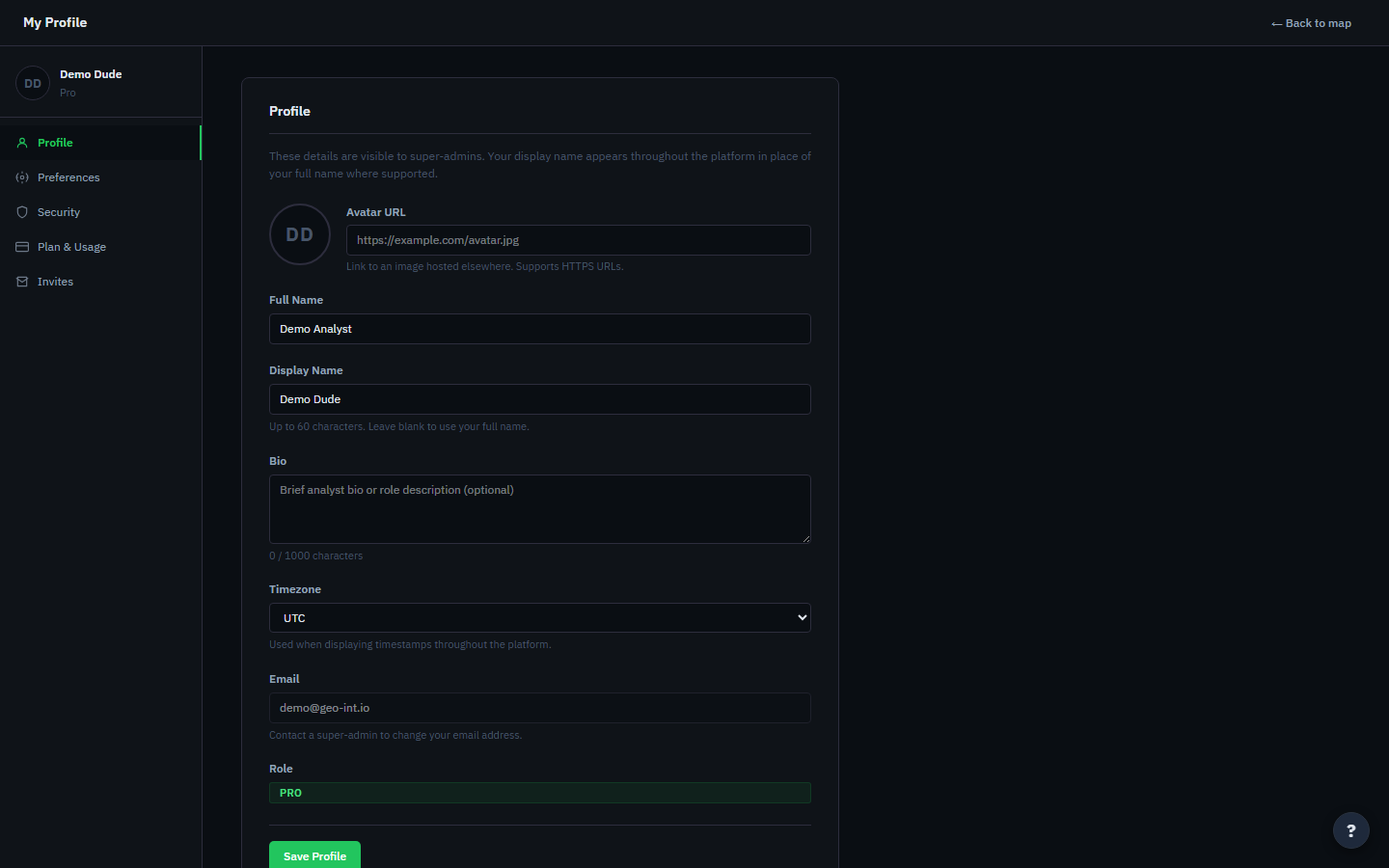 The profile page — identity fields on the Profile tab, with Preferences and Security tabs down the left side.
