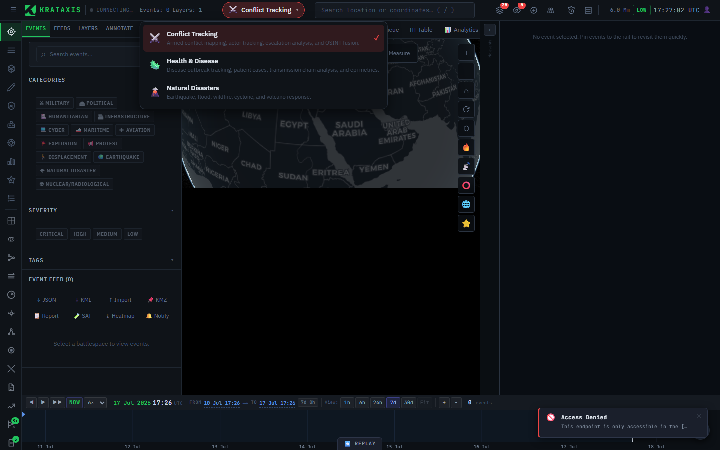 The workbench switcher, opened from the coloured pill in the header. Each domain lists what it's for; the active one carries a check mark.