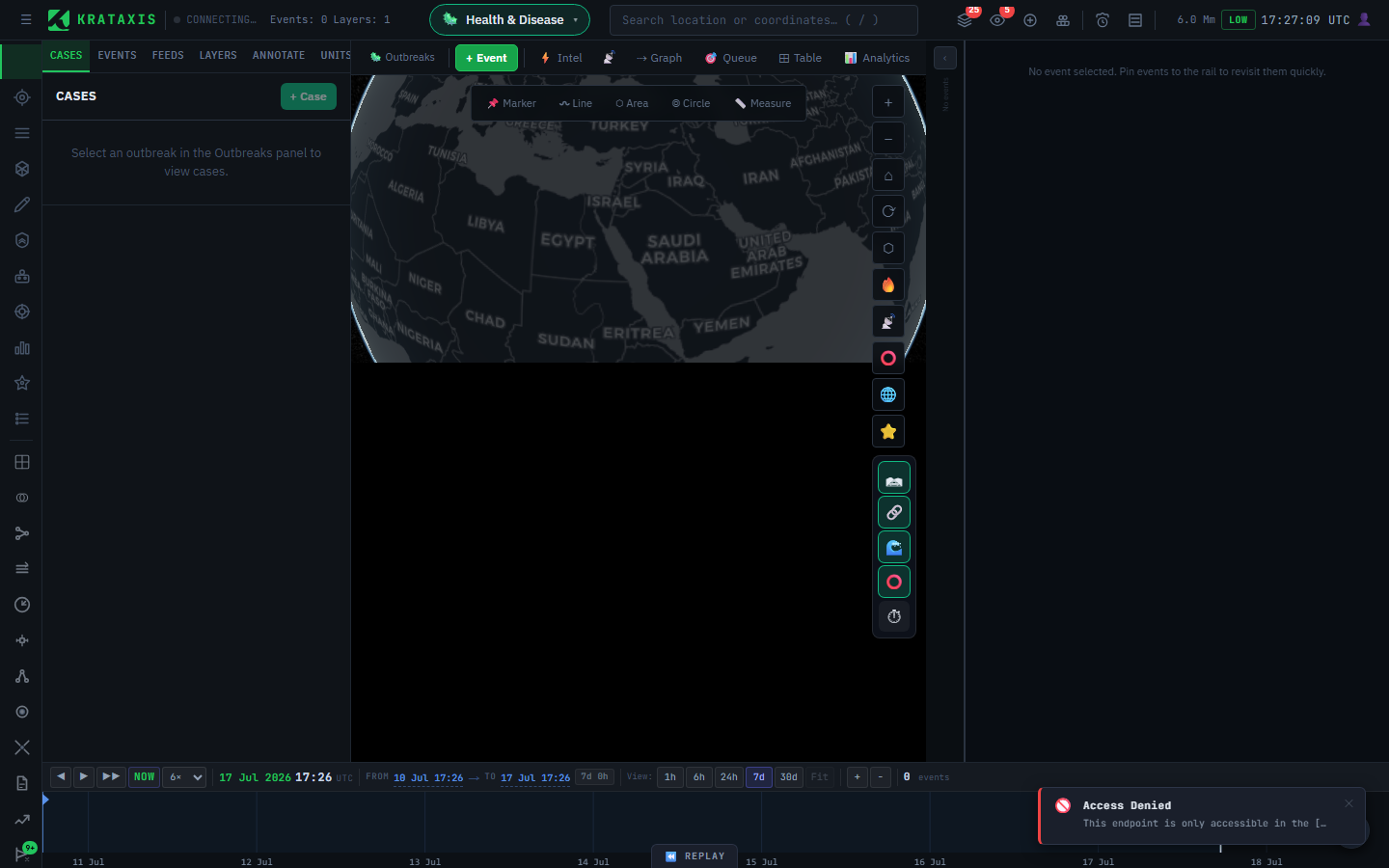 The Health & Disease workbench — the Cases tab and Outbreaks button in place of the conflict tab set, over the same globe and timeline.